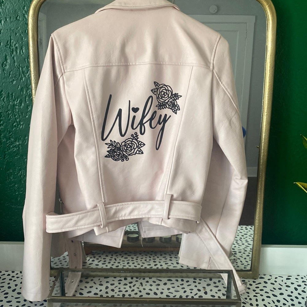 Forever 21 Pink "Wifey" Faux Leather Moto Jacket- Bride